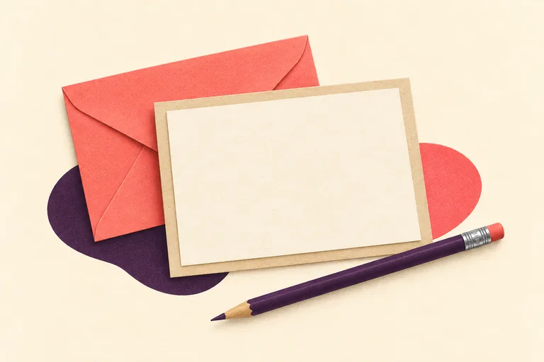 AI editorial illustration of a blank postcard, coral envelope and plum pencil.