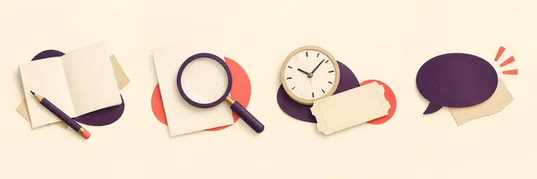 AI editorial illustration of planning paper, a magnifying glass, a clock and a speech bubble.