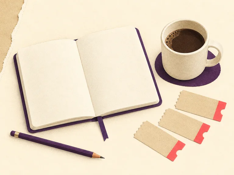 AI editorial illustration of a blank notebook, coffee cup, pencil and three blank tickets.