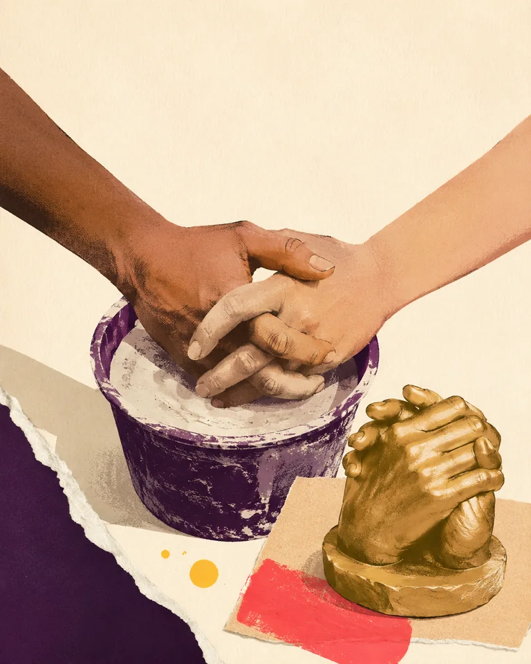 AI-generated concept illustration of two clasped hands in a moulding container beside a gold-coloured hand cast.