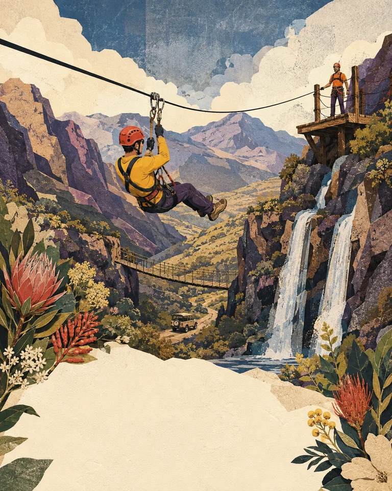 AI-generated concept illustration of a helmeted zip-line rider above a mountain gorge, with a platform, bridge and waterfall.