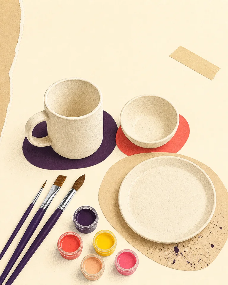 AI-generated concept illustration of a mug, bowl, plate, brushes and five paint pots.
