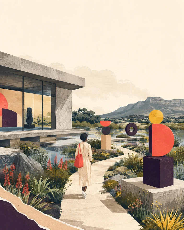 AI-generated concept illustration of a visitor among invented sculptures beside a gallery and wetland.