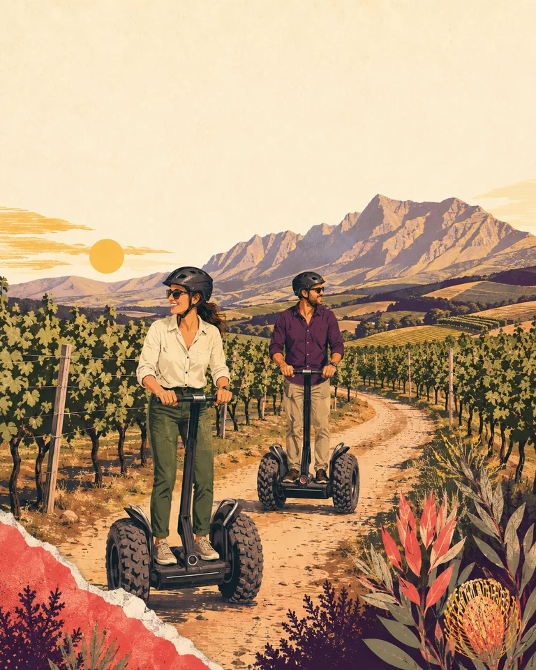 AI-generated concept illustration of two helmeted riders on self-balancing scooters among vineyards.