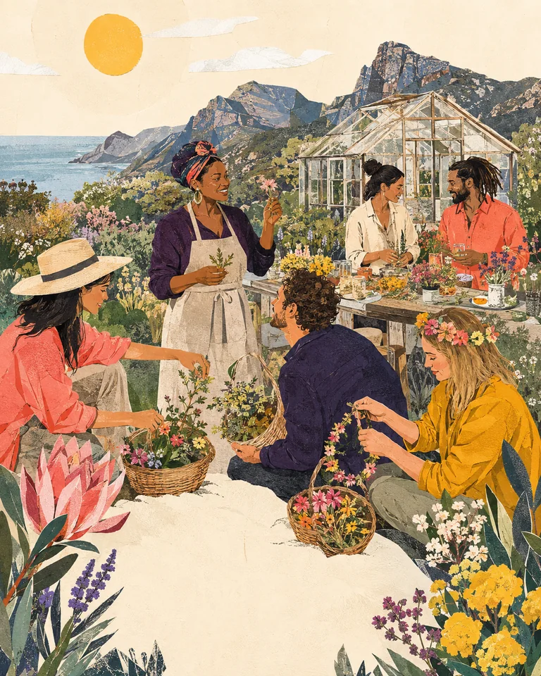 AI-generated concept illustration of a group arranging flowers and plants beside a greenhouse and coastline.