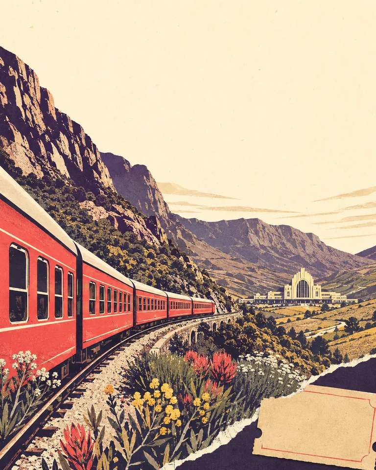 AI-generated concept illustration of a red passenger train passing mountains towards an imagined market building.