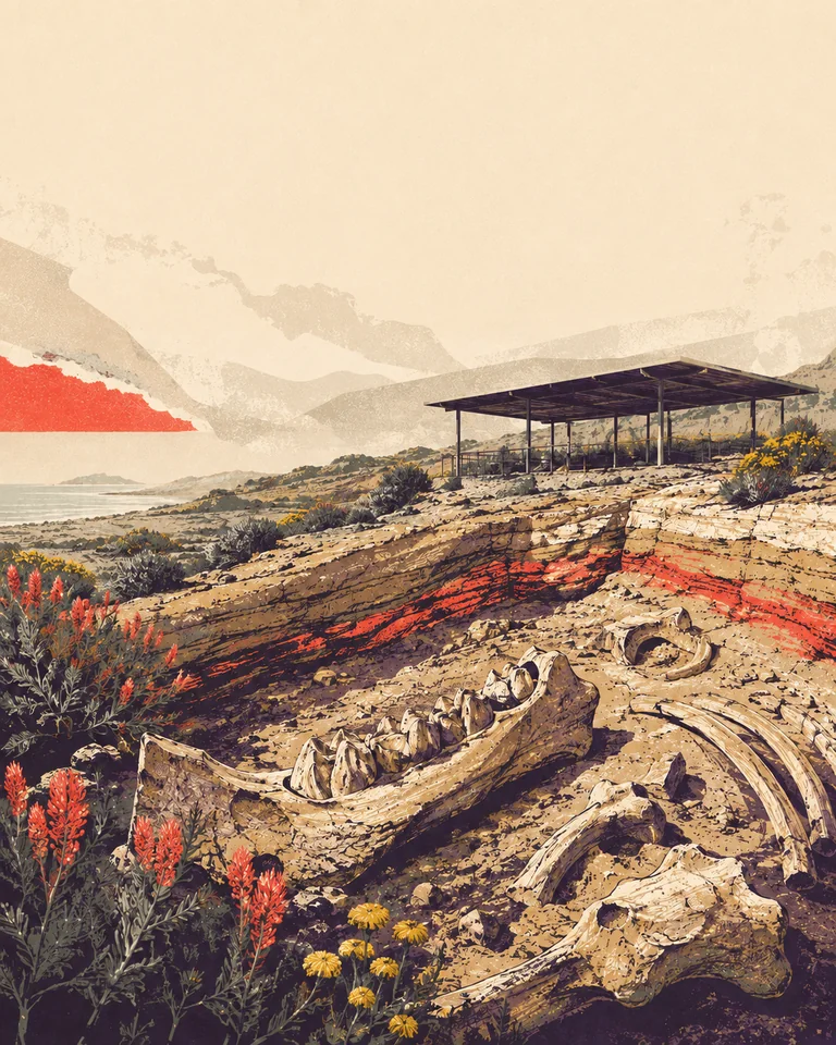 AI-generated concept illustration of imagined fossil bones and layered ground, with a shelter behind.